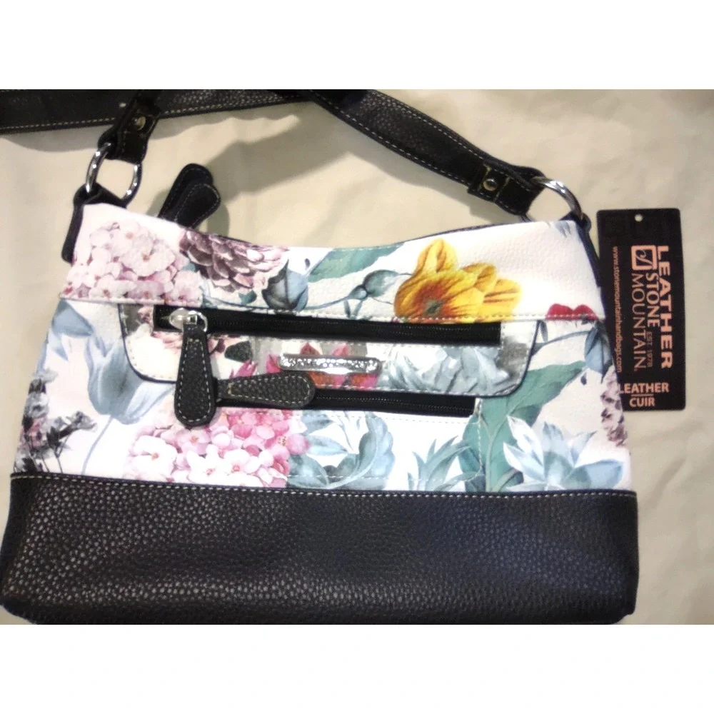 Stone Mountain Leather Floral Print‎ Shoulder Bag Women Black Zip Multi Pockets
